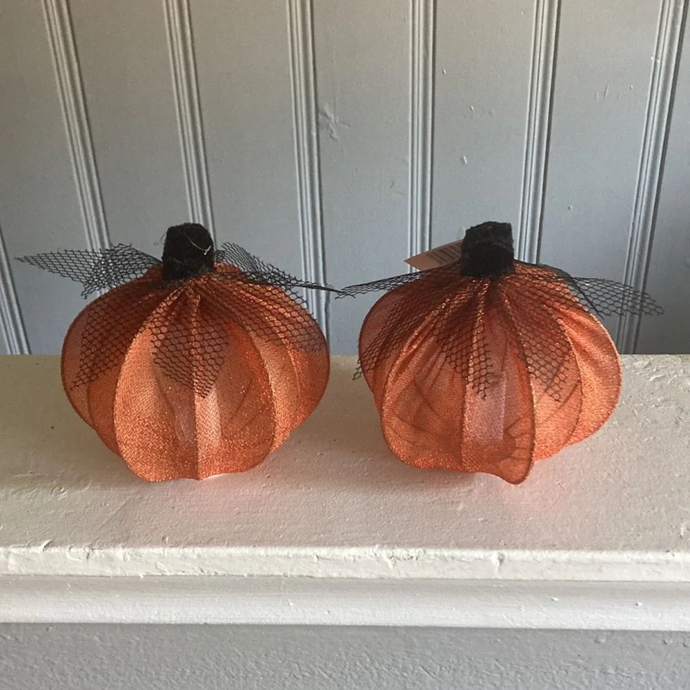NWT- 2- Elegant Orange Lace Covered Light Up LED Halloween Pumpkin Decorations